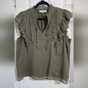 LOFT Green Ruffled Sleeveless Blouse with Mandarin Collar